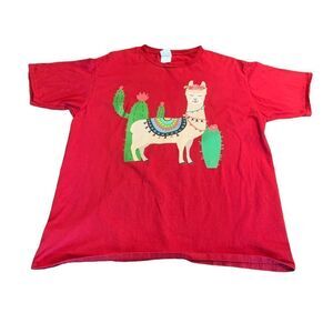Red Llama T Shirt Flower Cactus Aztec L